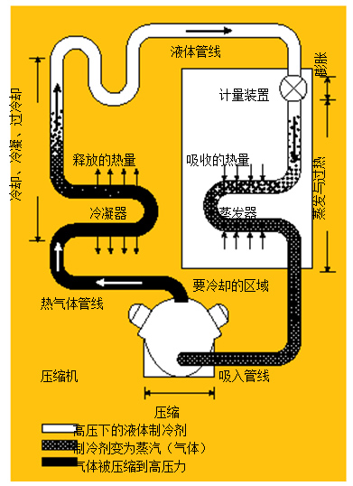 圖1.制冷系統(tǒng) 在典型的制冷系統(tǒng)中，壓縮機(jī)將熱氣體送到冷凝器，隨后，冷凝液通過蒸發(fā)器中的一個(gè)膨脹閥，進(jìn)行蒸發(fā)并獲取來自被冷卻區(qū)域的熱量。